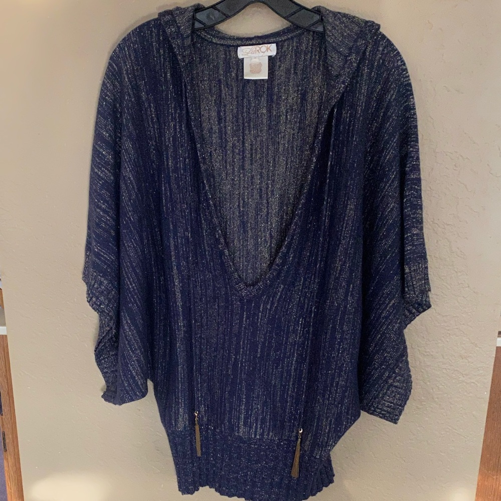 LaRok metallic v-neck poncho style hooded knit